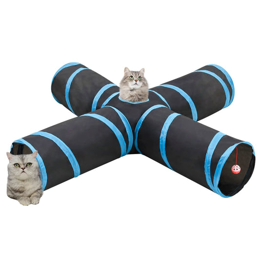 vidaXL Cat Tunnel 4-way Black and Blue 132 cm Polyester