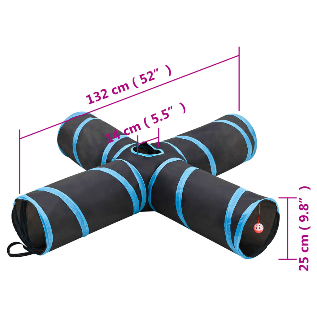 vidaXL Cat Tunnel 4-way Black and Blue 132 cm Polyester