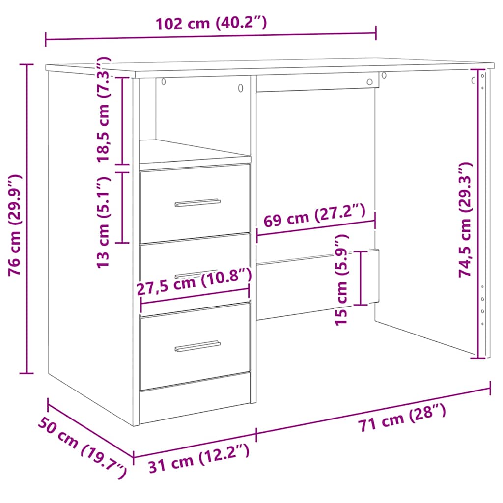 vidaXL Desk with Drawers Grey Sonoma 102x50x76 cm Engineered Wood