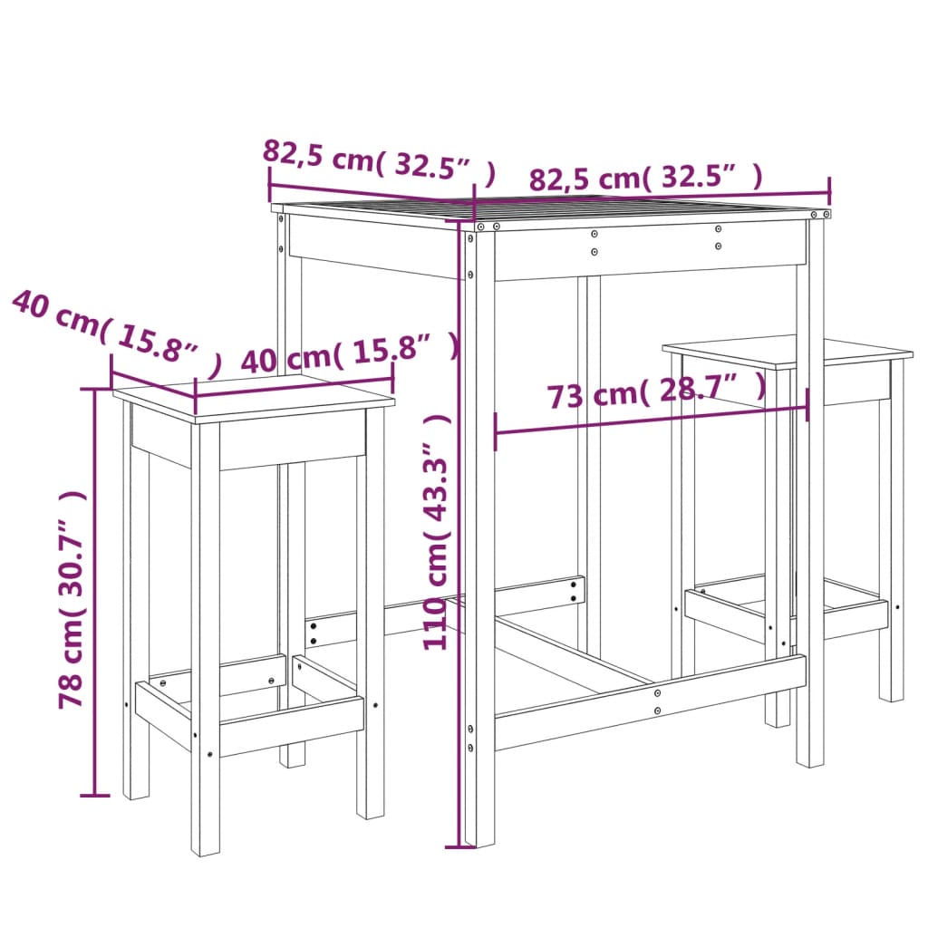 vidaXL 3 Piece Garden Bar Set White Solid Wood Pine