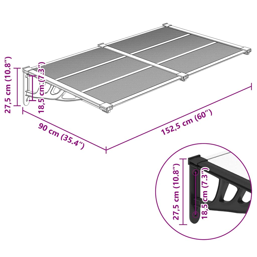 vidaXL Door Canopy Black and Transparent 152,5x90 cm Polycarbonate