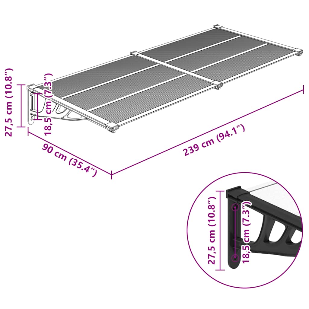 vidaXL Door Canopy Black and Transparent 239x90 cm Polycarbonate