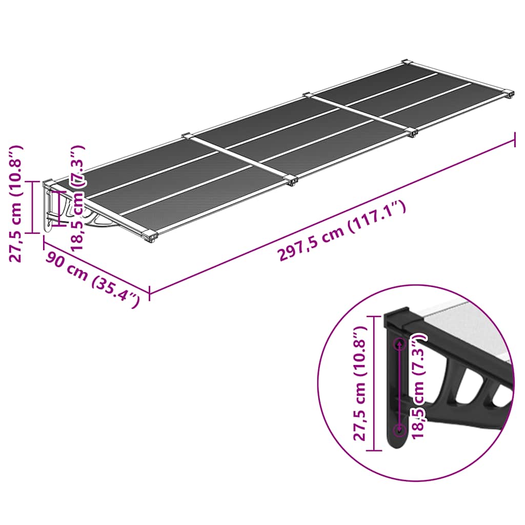 vidaXL Door Canopy Black and Transparent 297,5x90 cm Polycarbonate