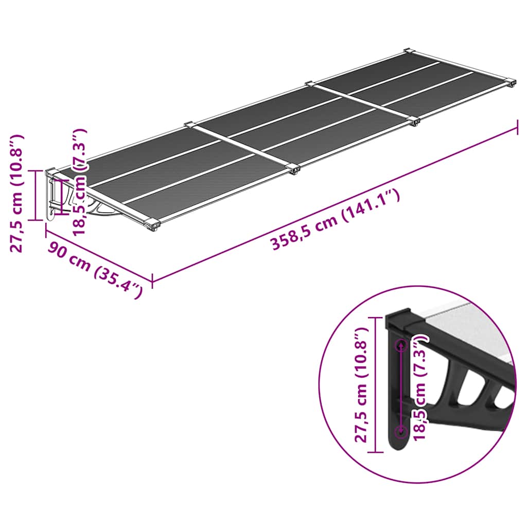 vidaXL Door Canopy Black and Transparent 358.5x90 cm Polycarbonate