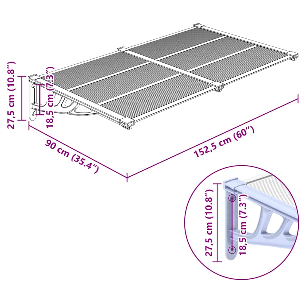 vidaXL Door Canopy Grey and Transparent 152,5x90 cm Polycarbonate