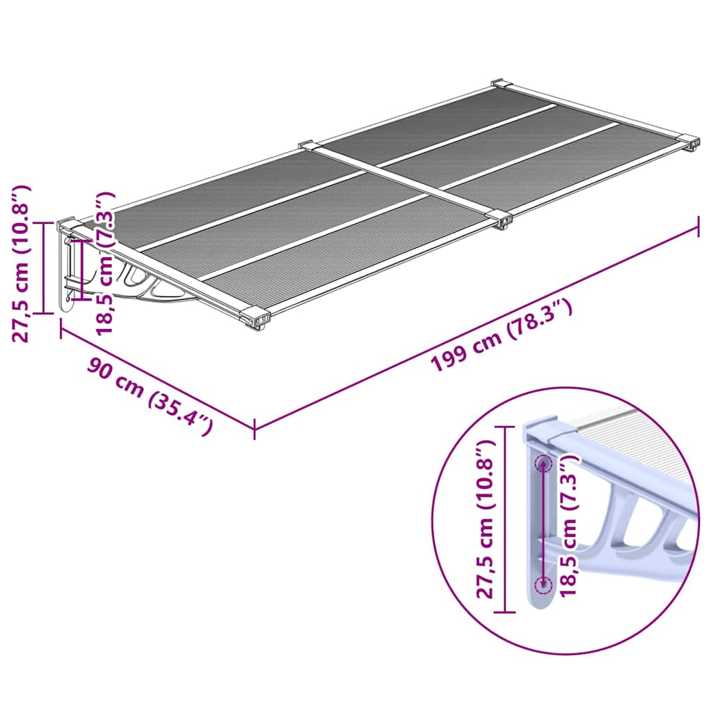 vidaXL Door Canopy Grey and Transparent 199x90 cm Polycarbonate
