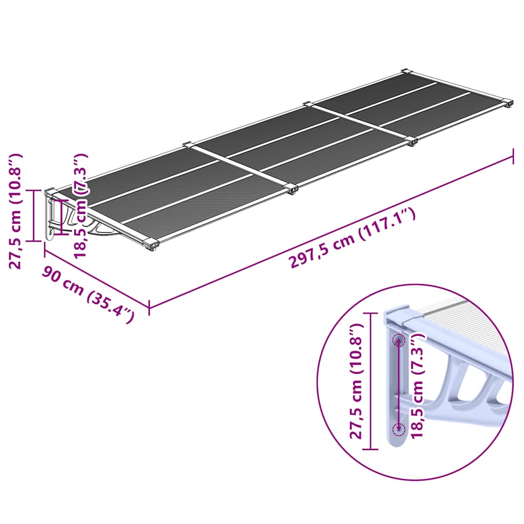vidaXL Door Canopy Grey and Transparent 297,5x90 cm Polycarbonate