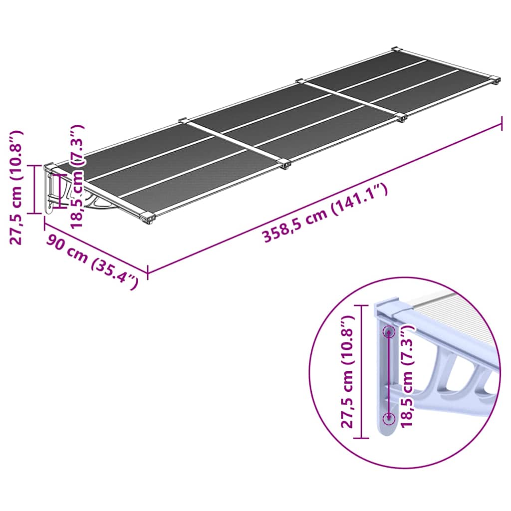 vidaXL Door Canopy Grey and Transparent 358.5x90 cm Polycarbonate