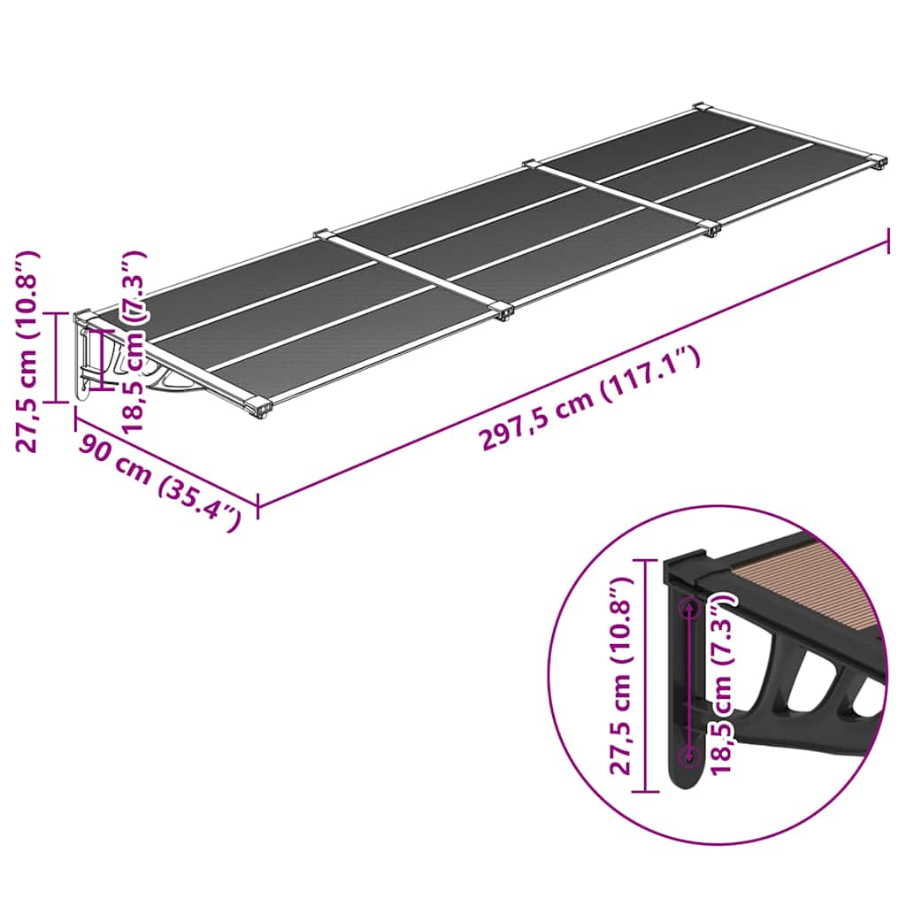 vidaXL Door Canopy Black 297,5x90 cm Polycarbonate