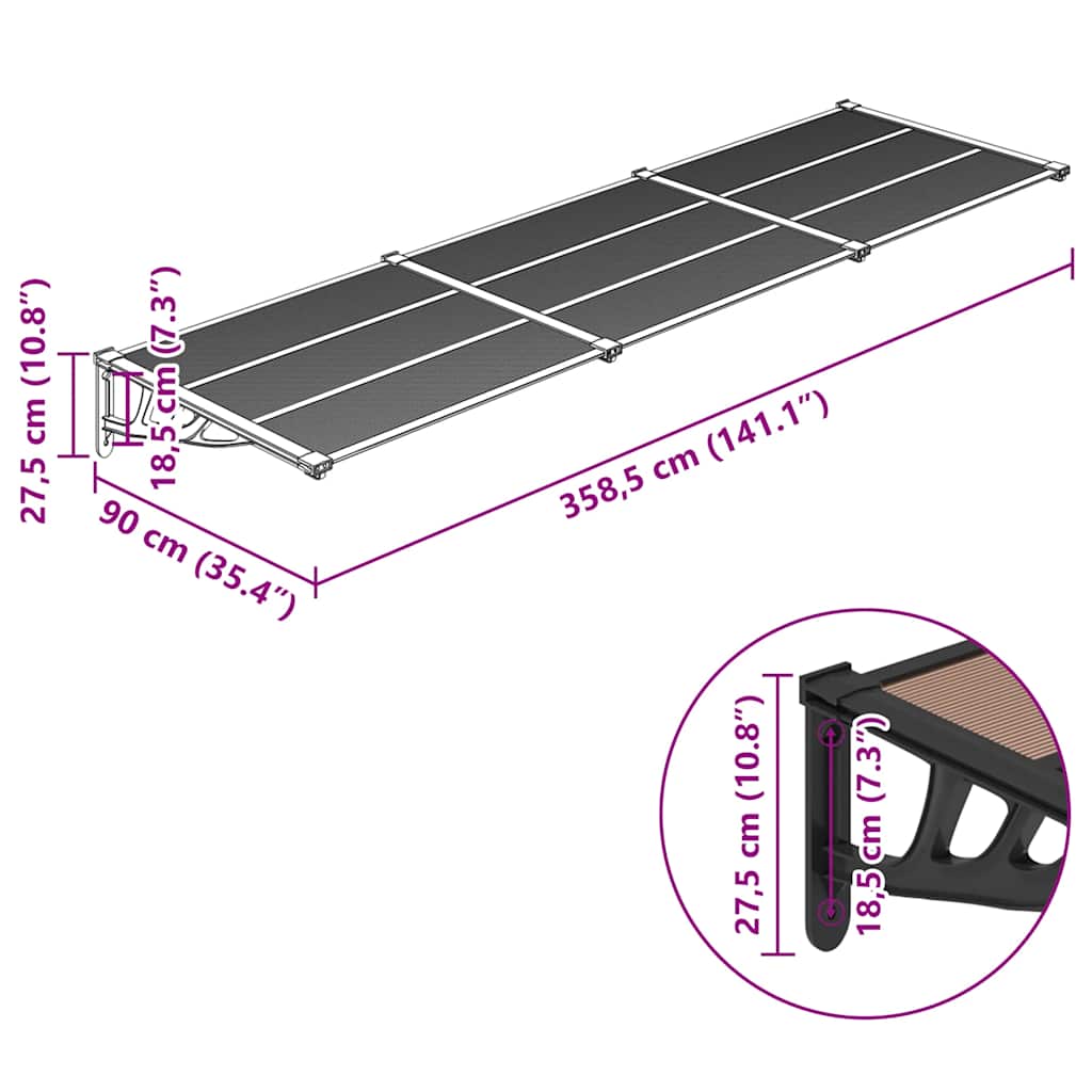 vidaXL Door Canopy Black 358,5x90 cm Polycarbonate