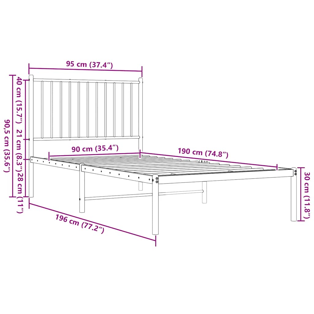 vidaXL Metal Bed Frame without Mattress with Headboard Black 90x190cm