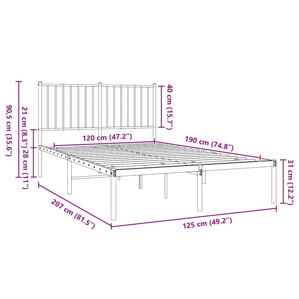 vidaXL Metal Bed Frame without Mattress with Headboard Black 120x190cm