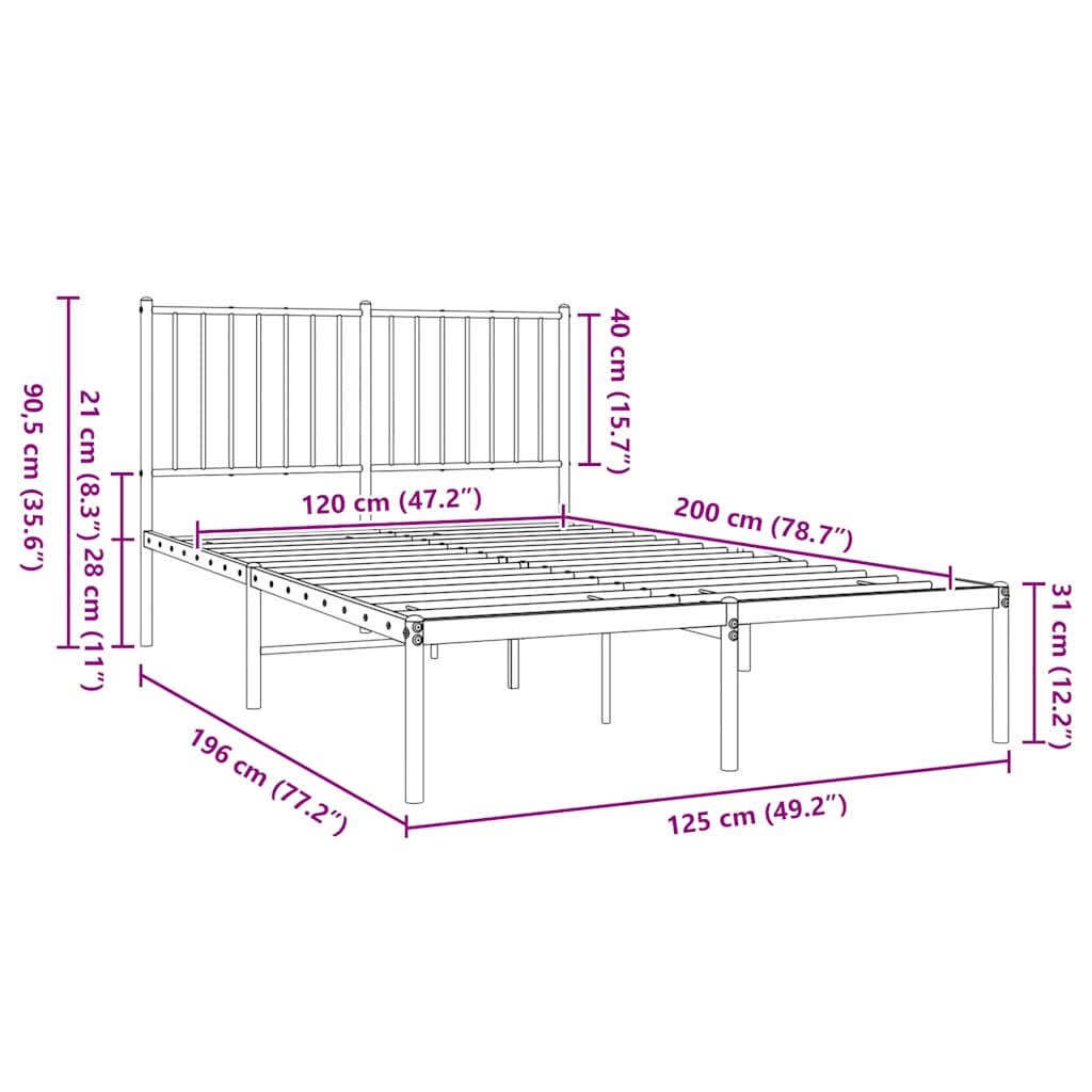 vidaXL Metal Bed Frame without Mattress with Headboard Black 120x200cm
