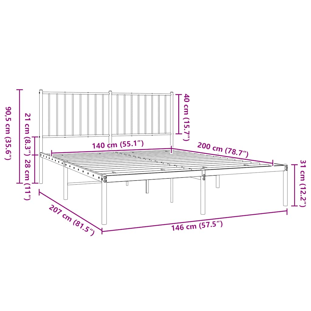 vidaXL Metal Bed Frame without Mattress with Headboard Black 140x200cm