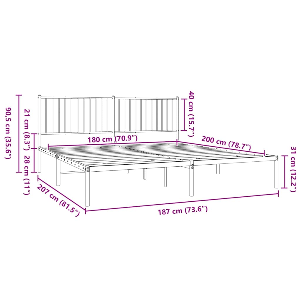 vidaXL Metal Bed Frame without Mattress with Headboard Black 180x200cm