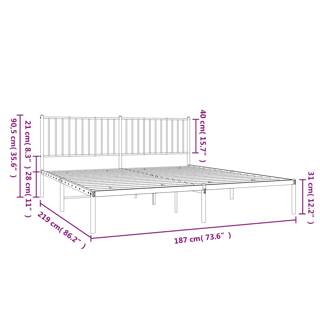 vidaXL Metal Bed Frame without Mattress with Headboard Black 183x213cm