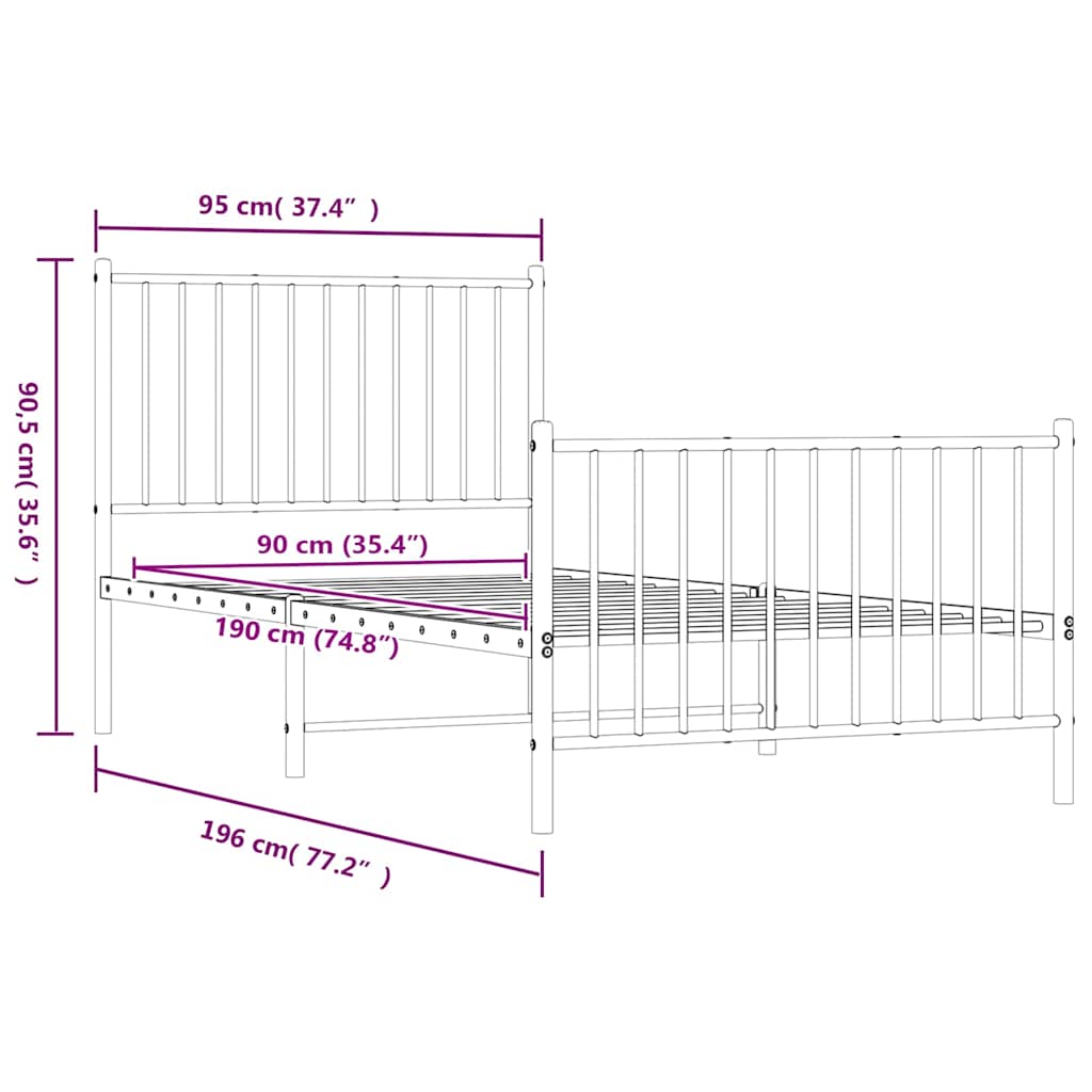 vidaXL Metal Bed Frame without Mattress with Footboard Black 90x190cm