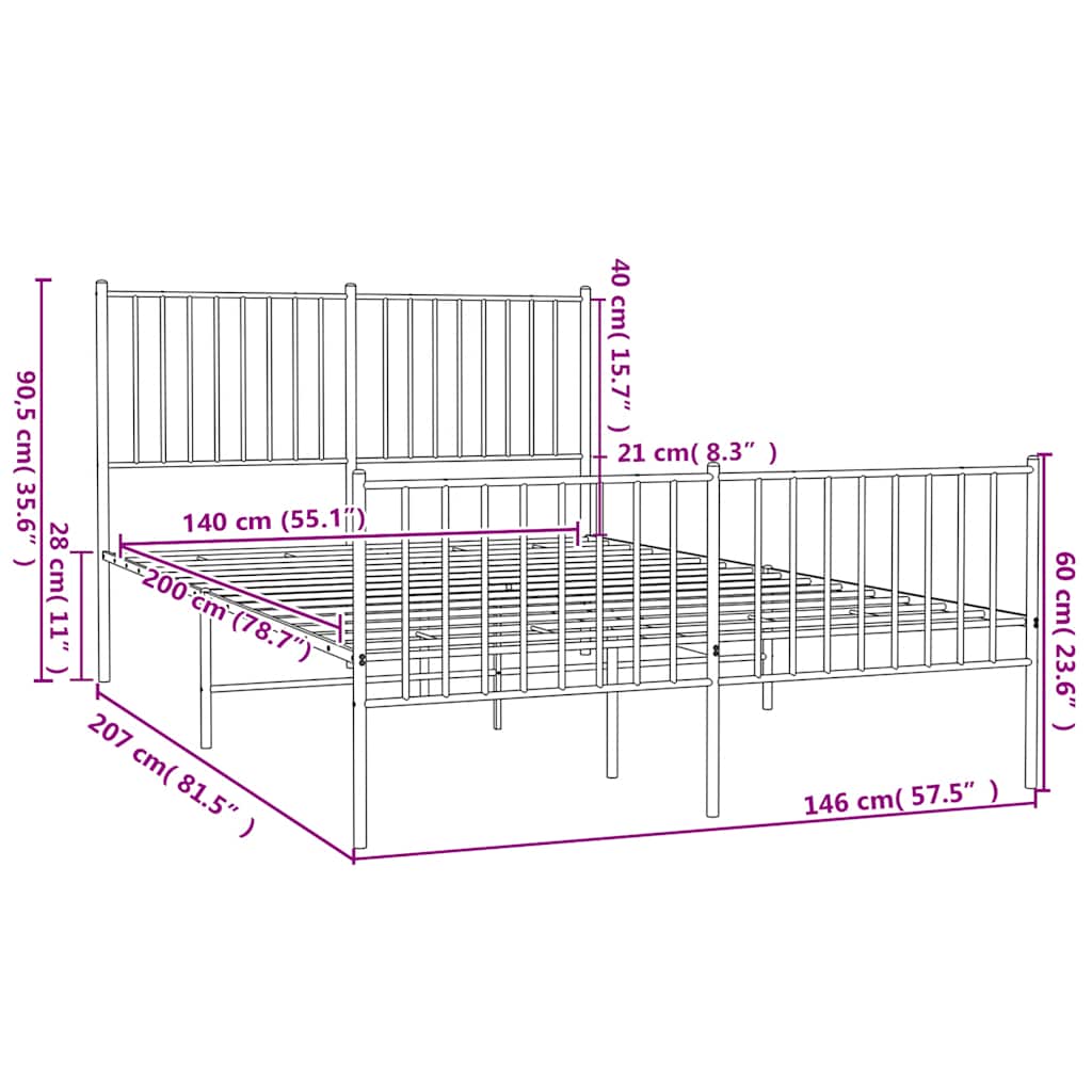 vidaXL Metal Bed Frame without Mattress with Footboard Black 140x200cm
