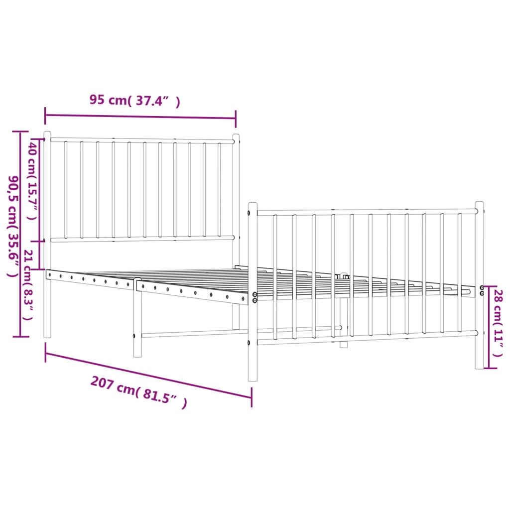 vidaXL Metal Bed Frame without Mattress with Footboard White 90x200cm