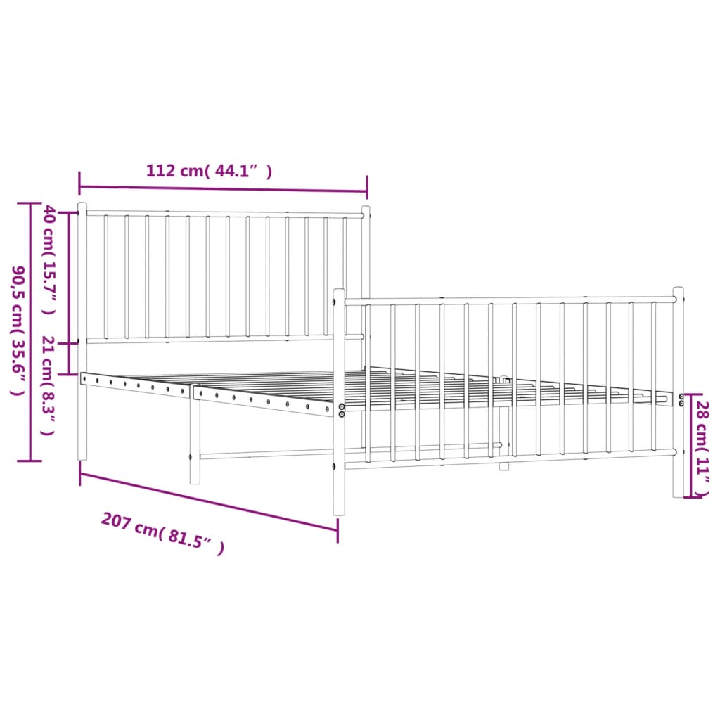 vidaXL Metal Bed Frame without Mattress with Footboard White 107x203cm