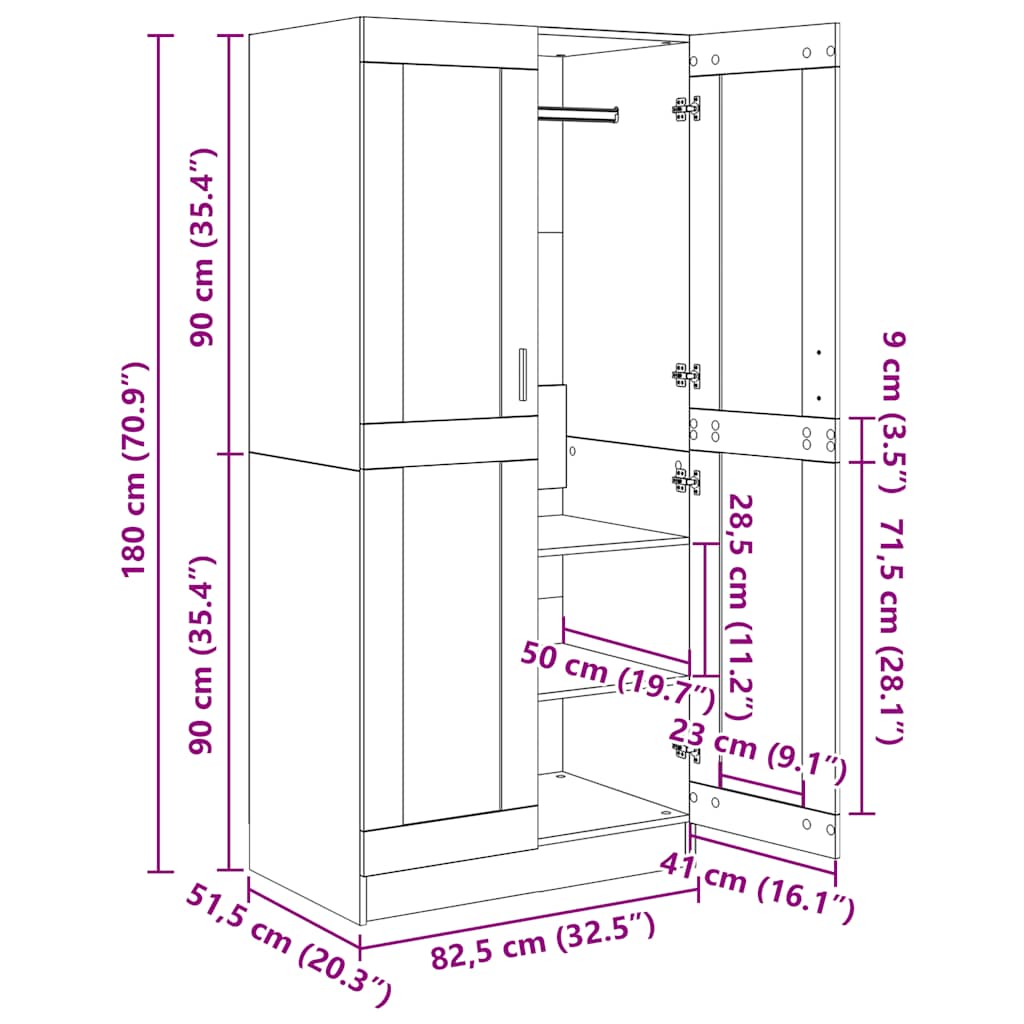 vidaXL Wardrobe Smoked Oak 82,5x51,5x180 cm Engineered Wood