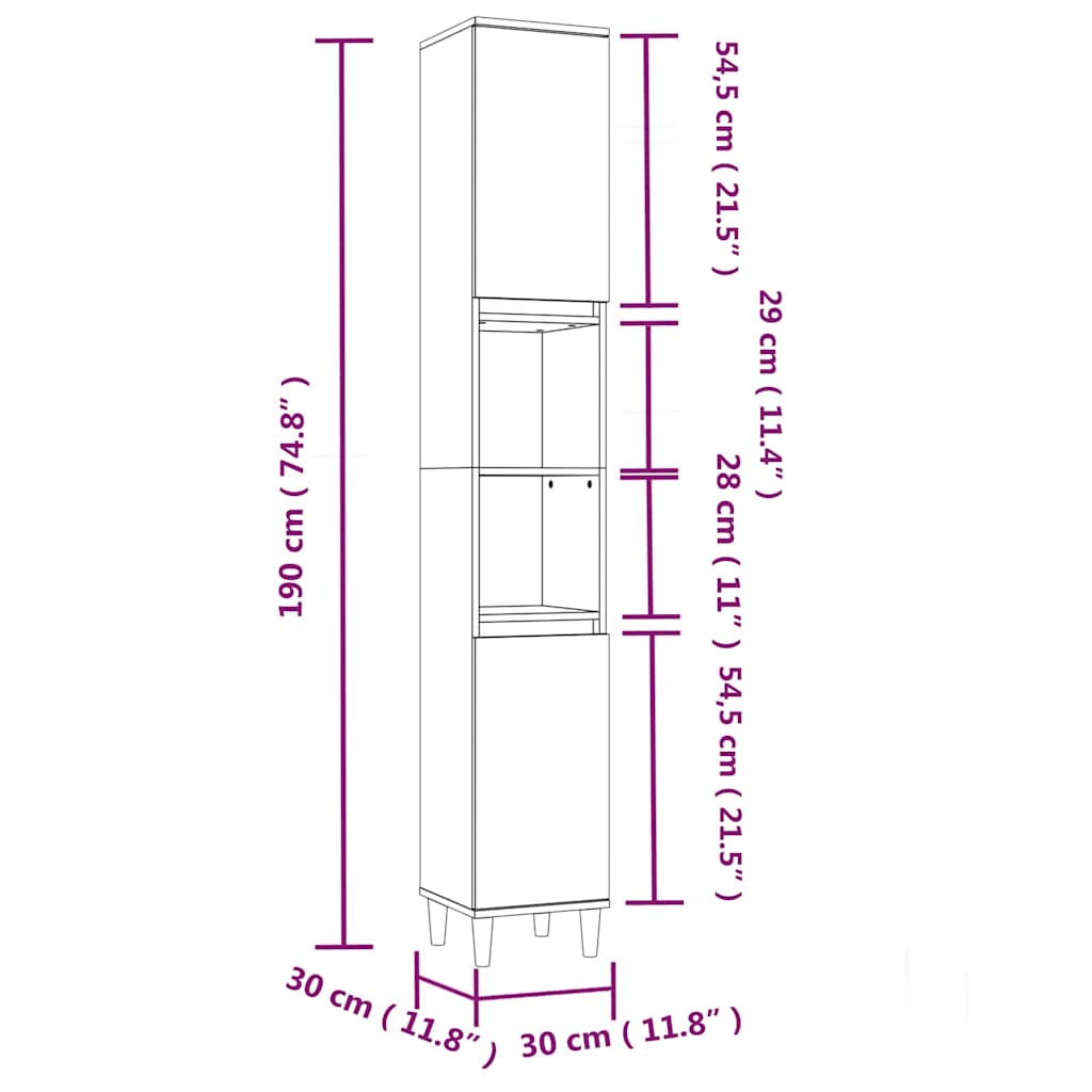 vidaXL Bathroom Cabinet White 30x30x190 cm Engineered Wood