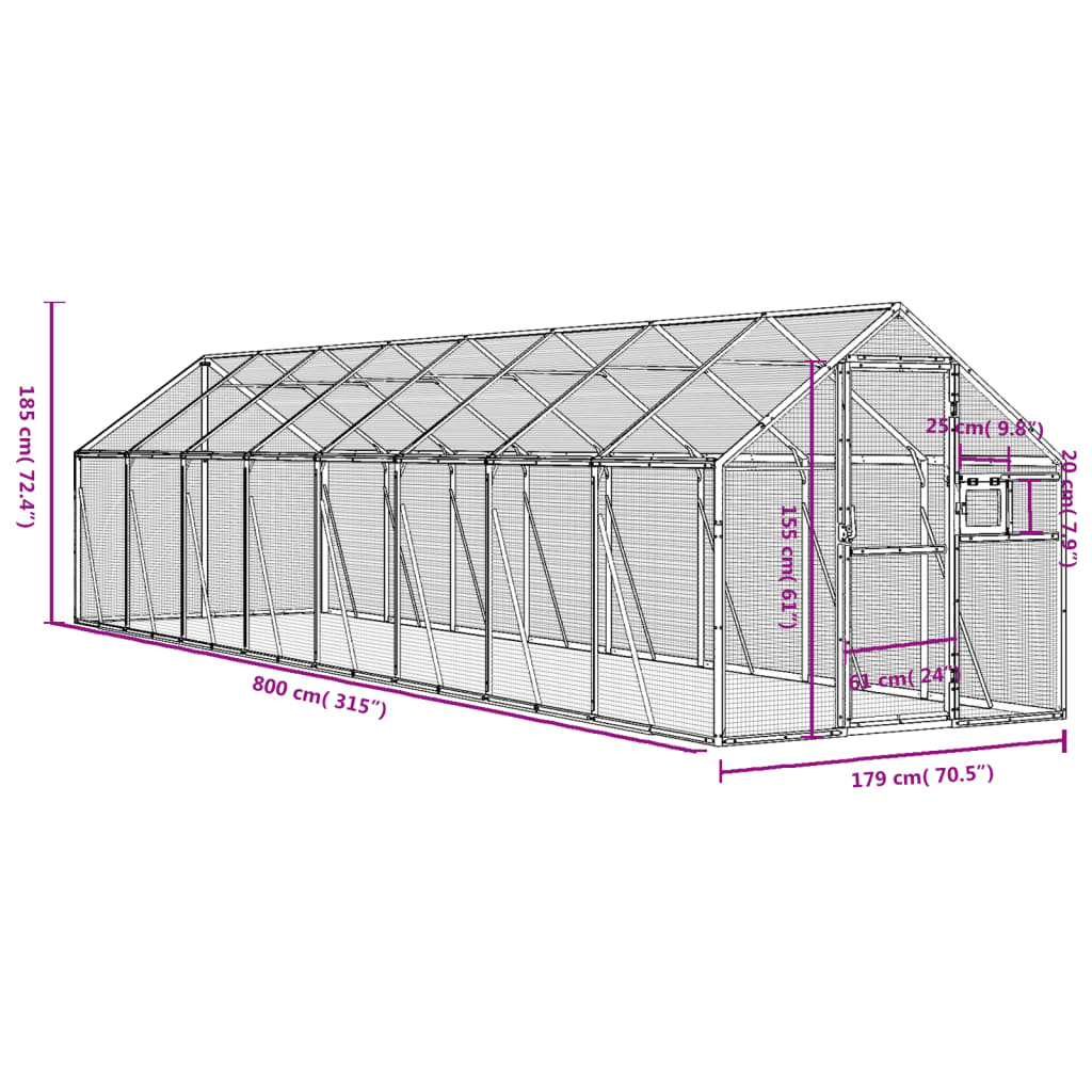 vidaXL Aviary Silver 1,79x8x1,85 m Aluminium