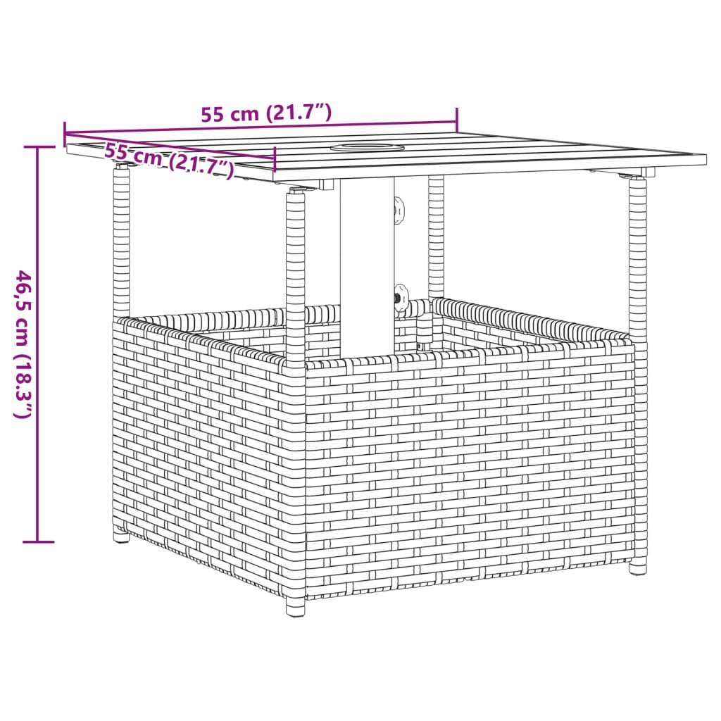 vidaXL Garden Table with Parasol Hole Brown 55x55x46,5 cm Poly Rattan