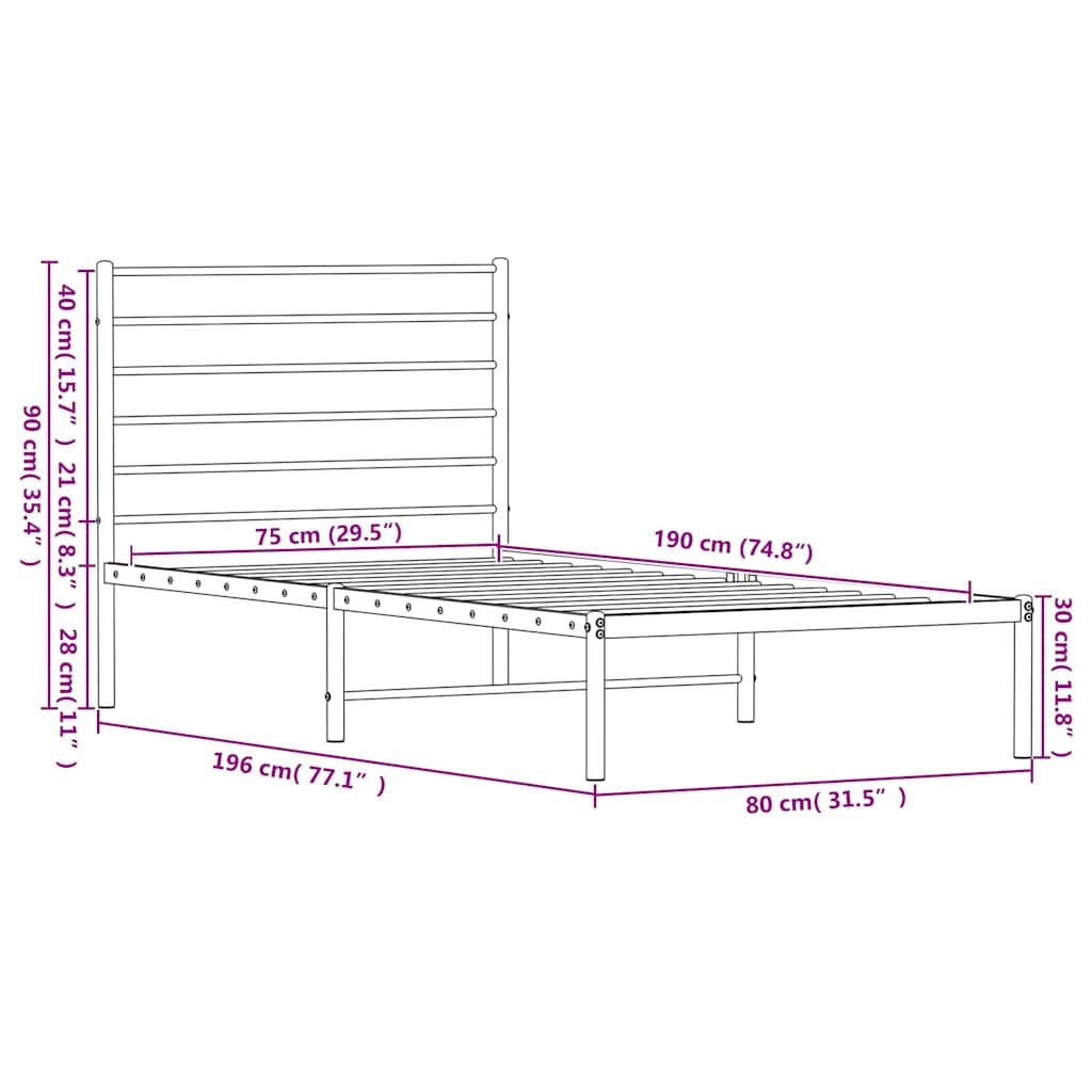 vidaXL Metal Bed Frame without Mattress with Headboard Black 75x190cm