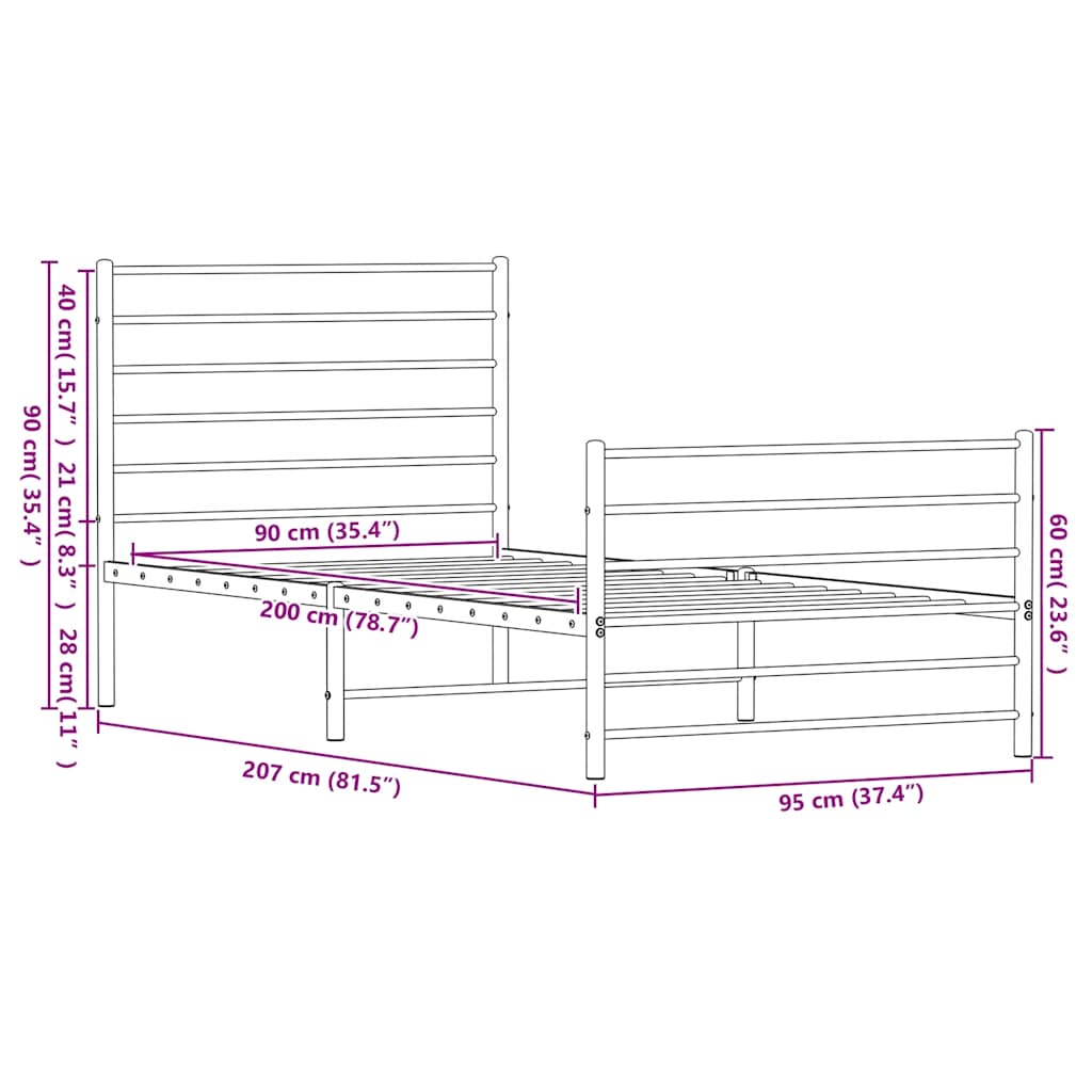 vidaXL Metal Bed Frame without Mattress with Footboard Black 90x200cm