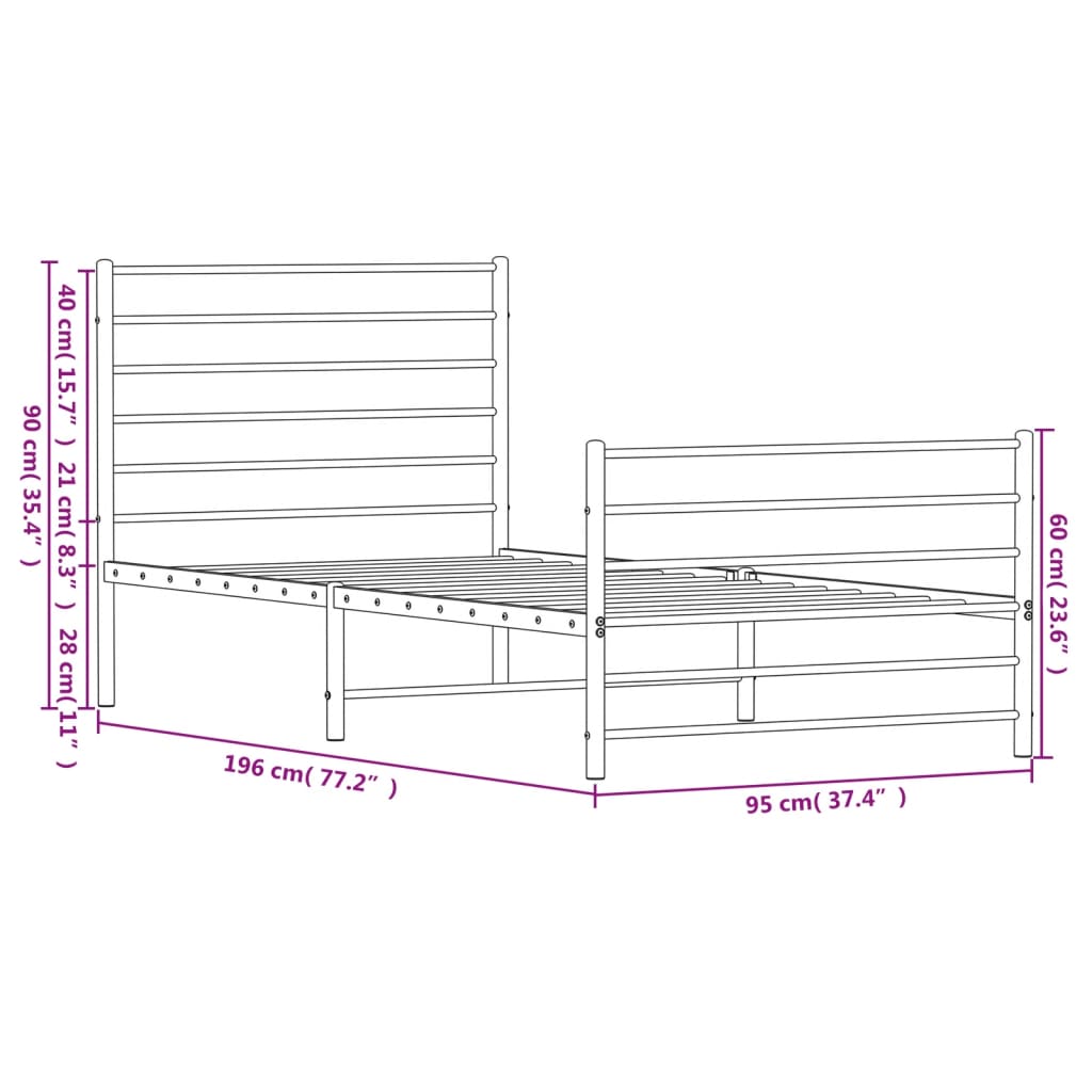 vidaXL Metal Bed Frame without Mattress with Footboard White 90x190cm