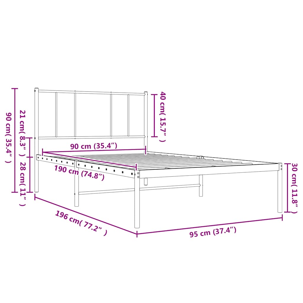 vidaXL Metal Bed Frame without Mattress with Headboard Black 90x190cm