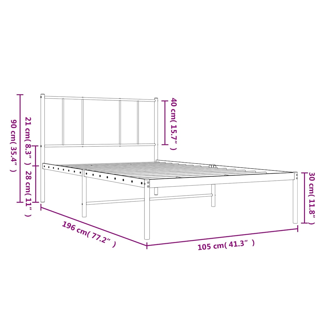 vidaXL Metal Bed Frame without Mattress with Headboard Black 100x190cm
