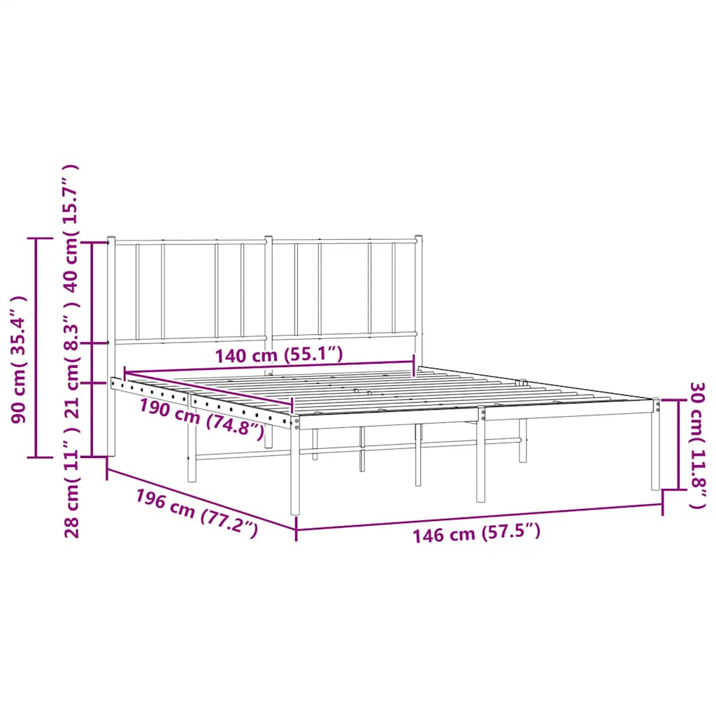vidaXL Metal Bed Frame without Mattress with Headboard Black 140x190cm