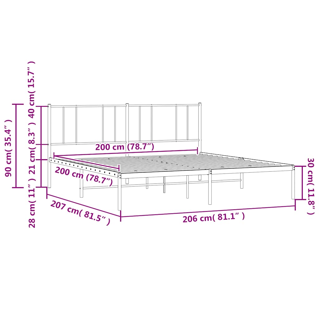 vidaXL Metal Bed Frame without Mattress with Headboard Black 200x200cm
