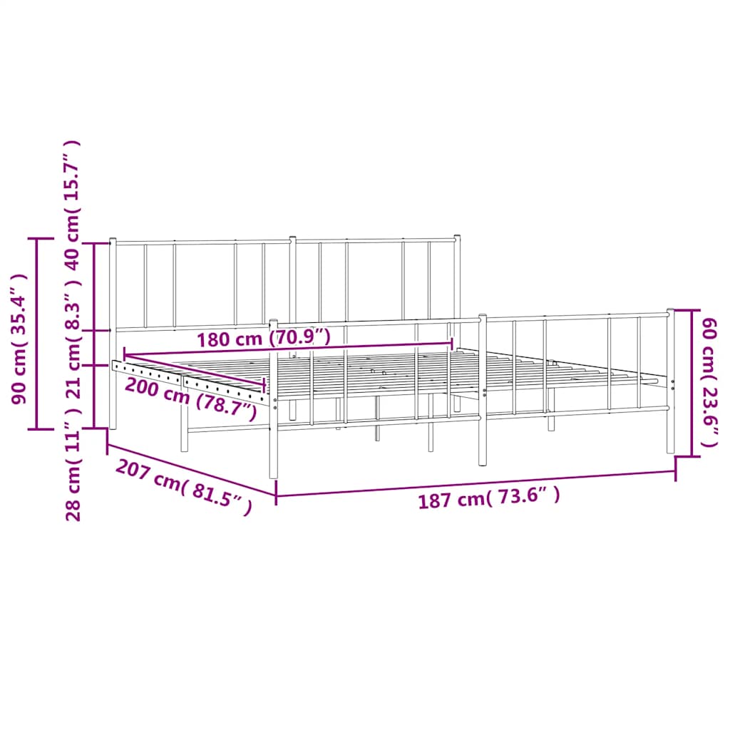 vidaXL Metal Bed Frame without Mattress with Footboard Black 180x200cm