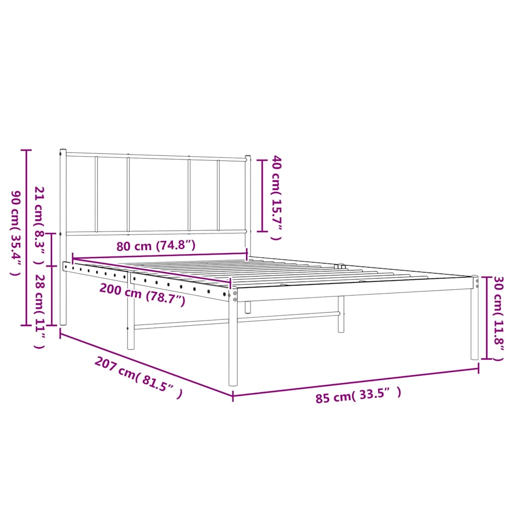 vidaXL Metal Bed Frame without Mattress with Headboard White 80x200cm