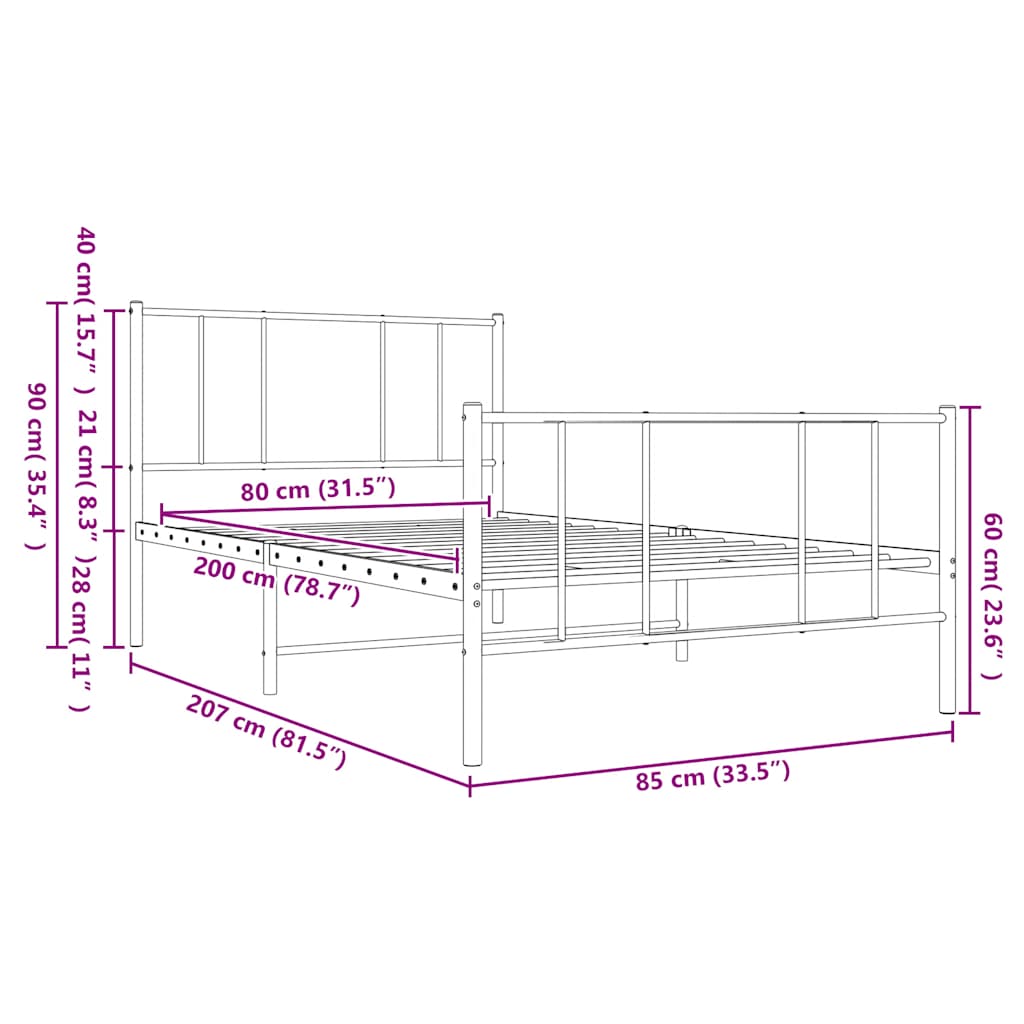 vidaXL Metal Bed Frame without Mattress with Footboard White 80x200cm