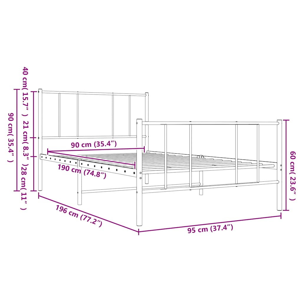 vidaXL Metal Bed Frame without Mattress with Footboard White 90x190cm