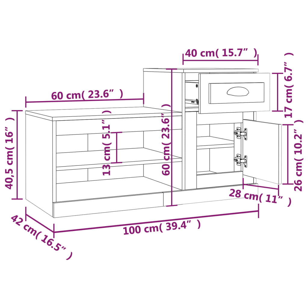 vidaXL Shoe Cabinet Smoked Oak 100x42x60 cm Engineered Wood