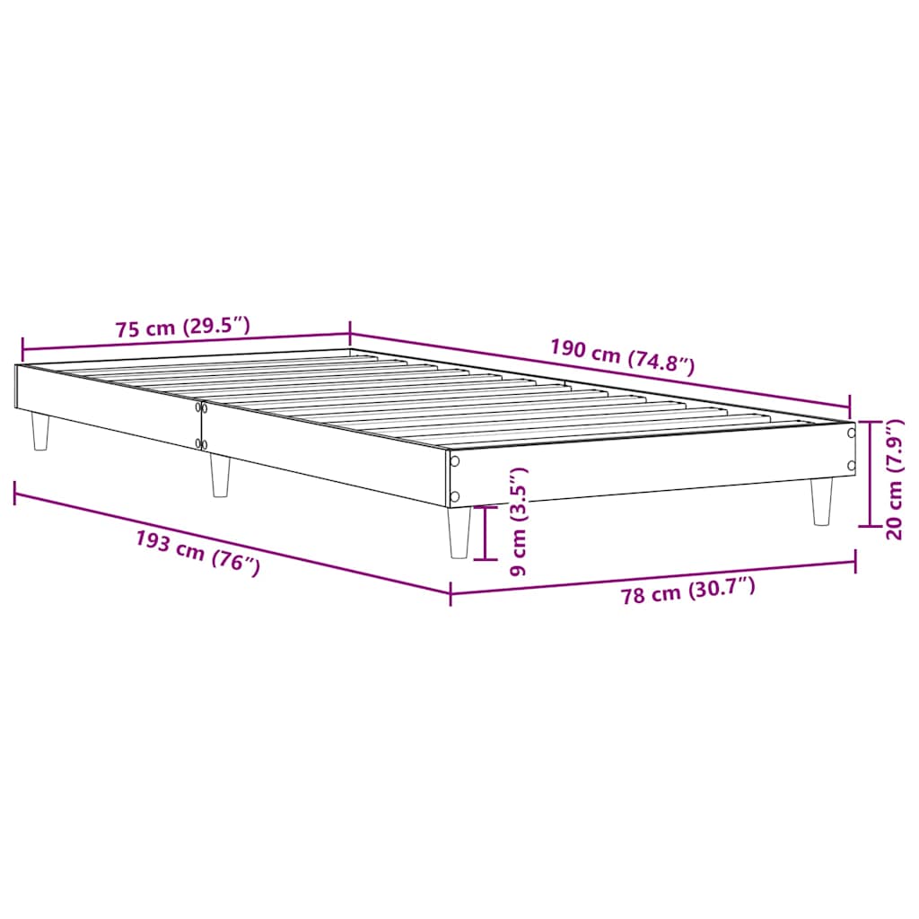 vidaXL Bed Frame without Mattress Sonoma Oak 75x190 cm Small Single Engineered Wood