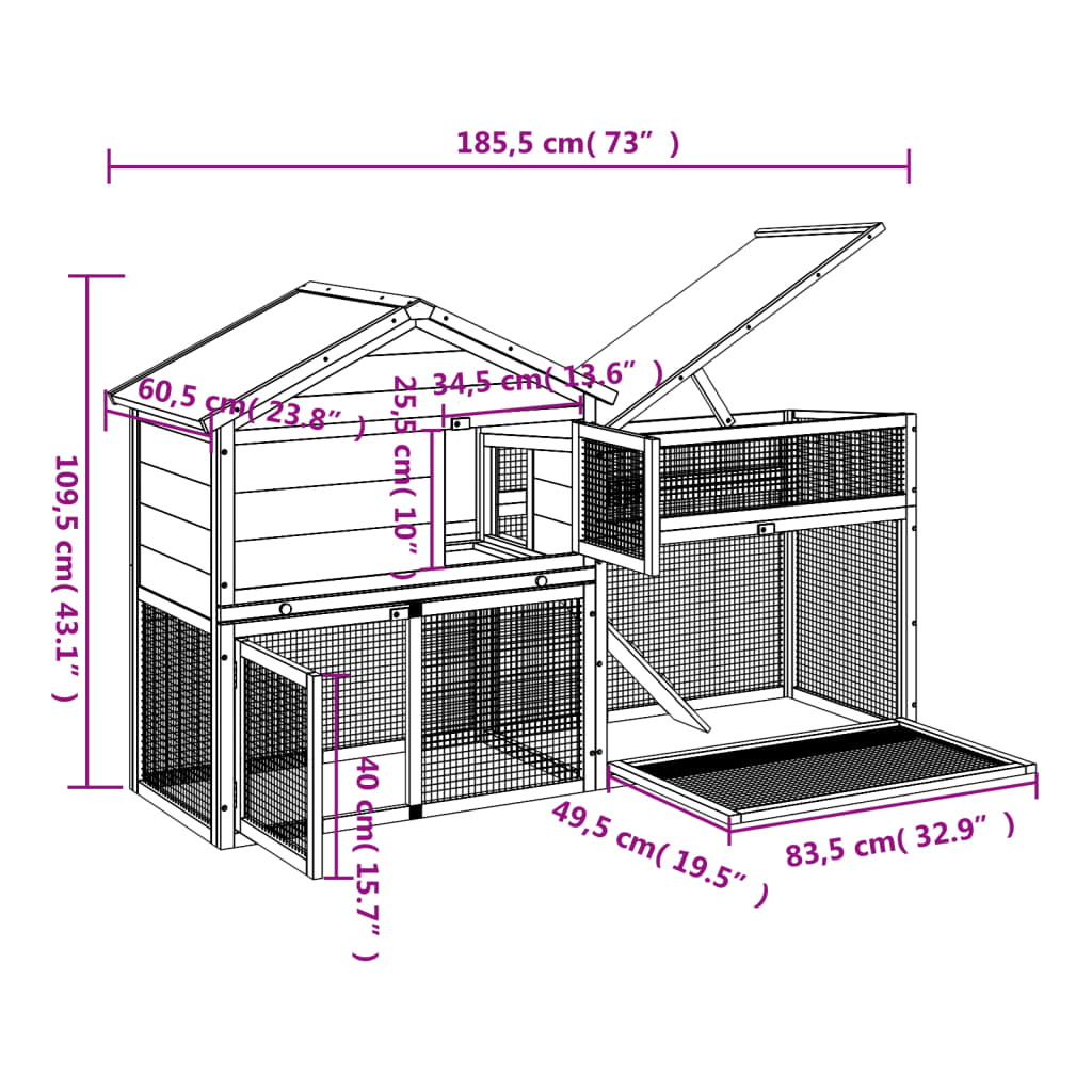 vidaXL Rabbit Hutch Brown 185,5x60,5x109,5 cm Solid Wood Pine