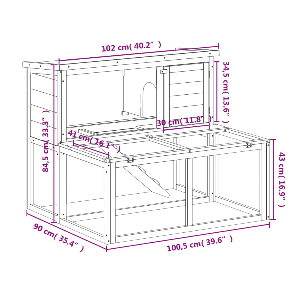 vidaXL Rabbit Hutch Grey 102x90x84.5 cm Solid Wood Pine
