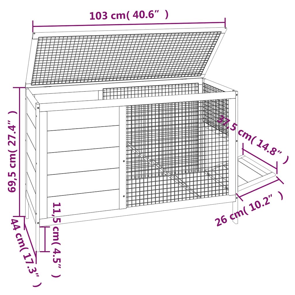 vidaXL Rabbit Hutch Grey 103x44x69.5 cm Solid Wood Pine