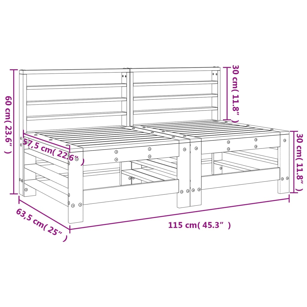 vidaXL Garden Middle Sofas 2 pcs Grey Solid Wood Pine