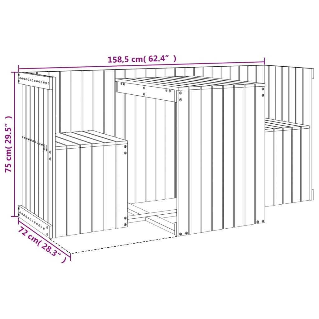 vidaXL Balcony Set 2-Seater Black Solid Wood Pine