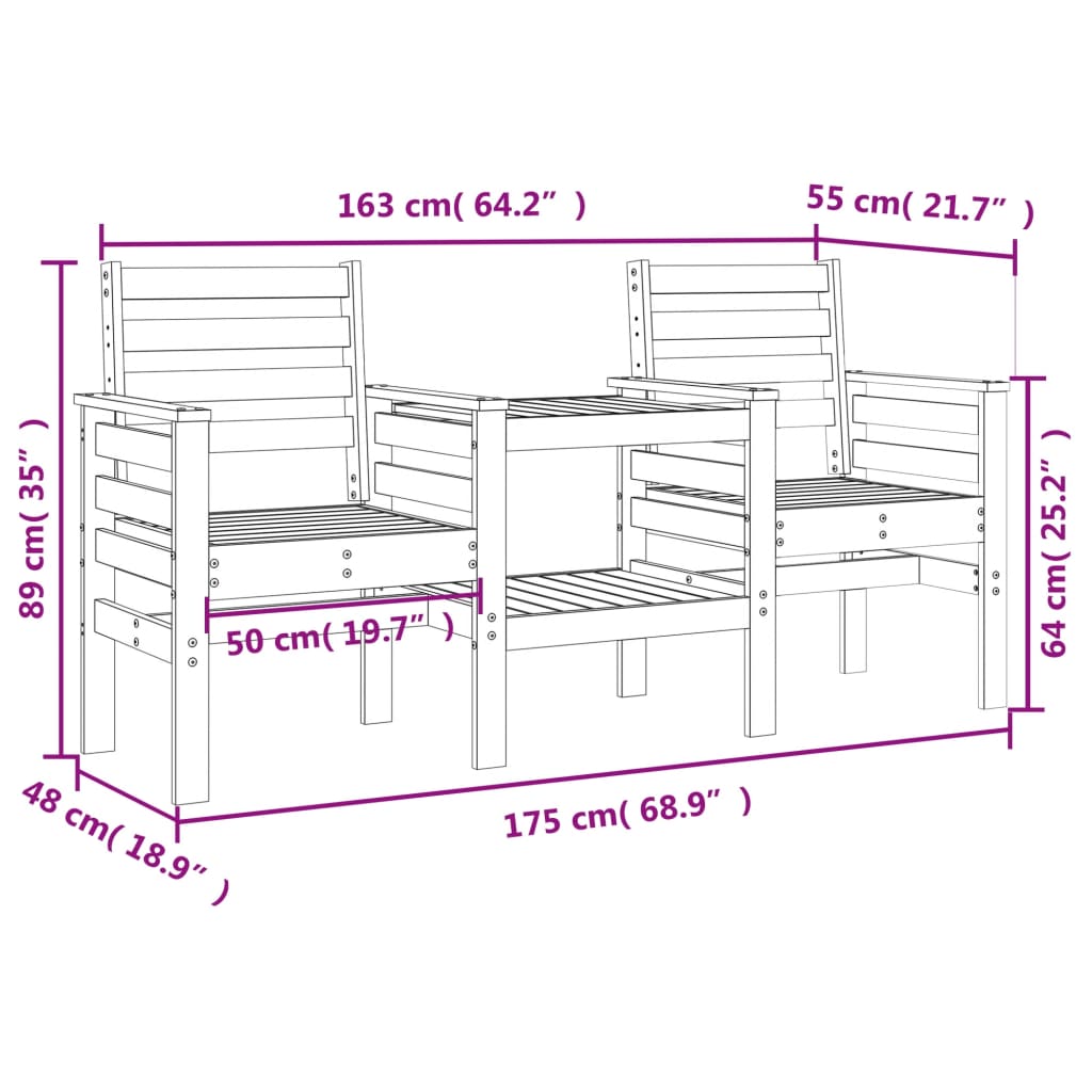 vidaXL Garden Bench with Table 2-Seater Solid Wood Pine