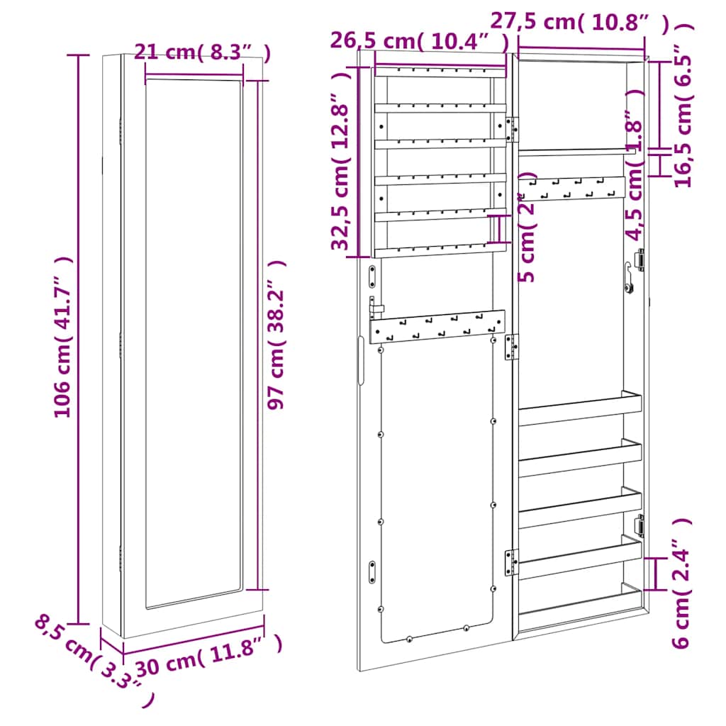 vidaXL Mirror Jewellery Cabinet Wall Mounted White 30x8,5x106 cm