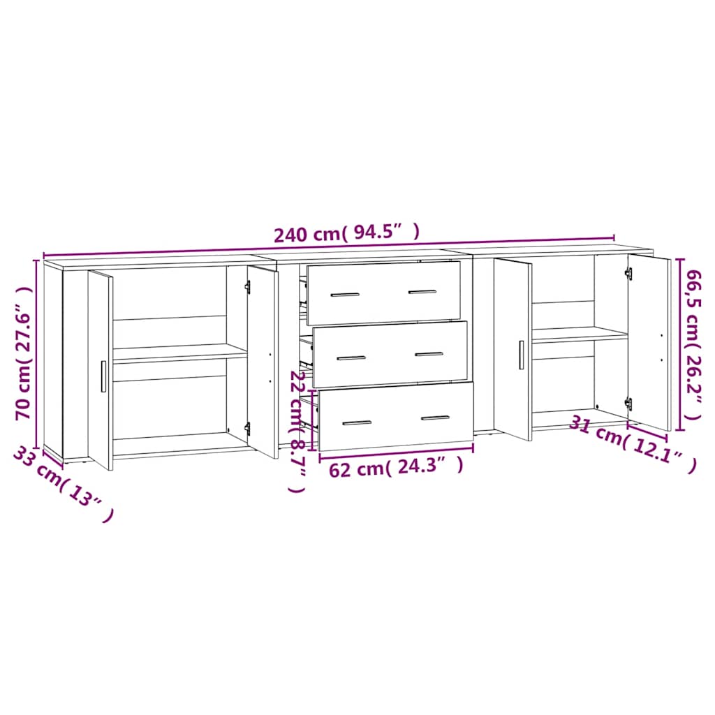 vidaXL Sideboards 3 pcs Grey Sonoma Engineered Wood