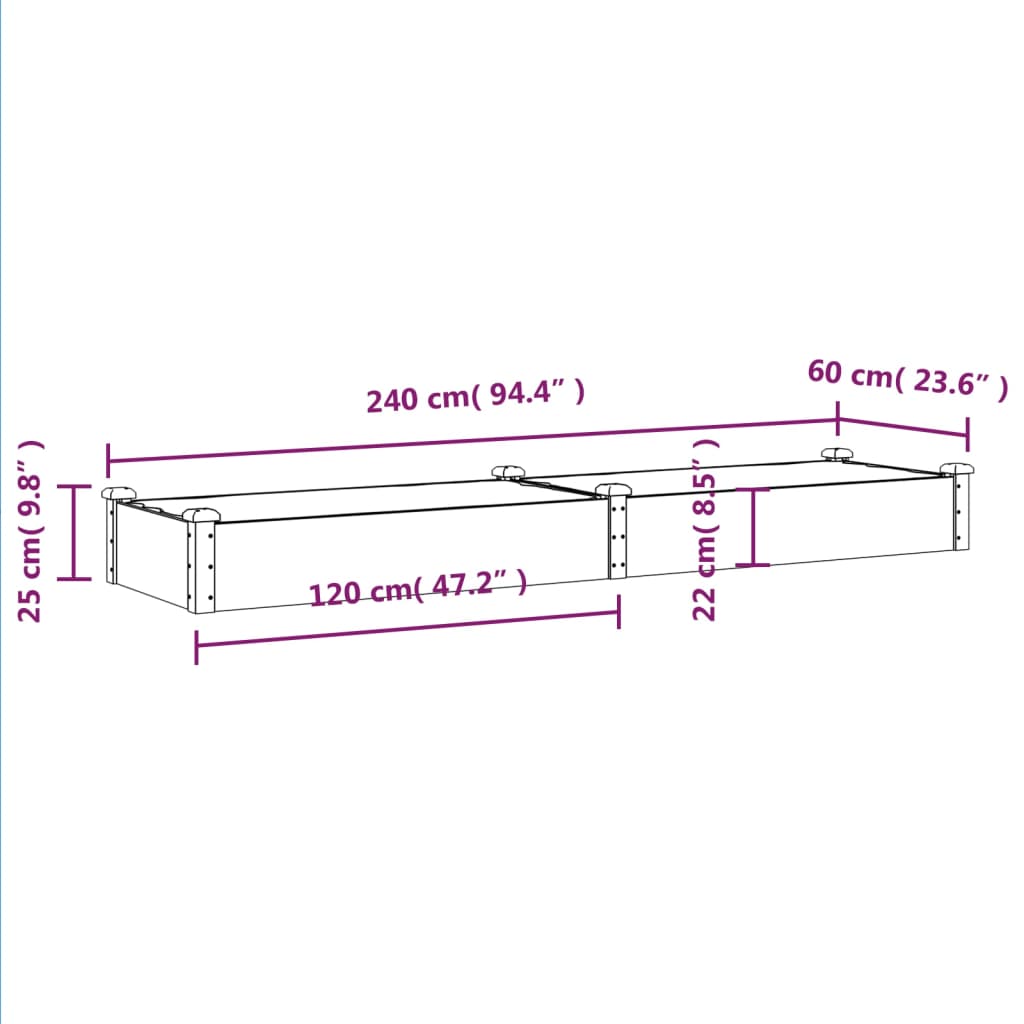 vidaXL Garden Raised Bed with Liner 240x60x25 cm Solid Wood Fir